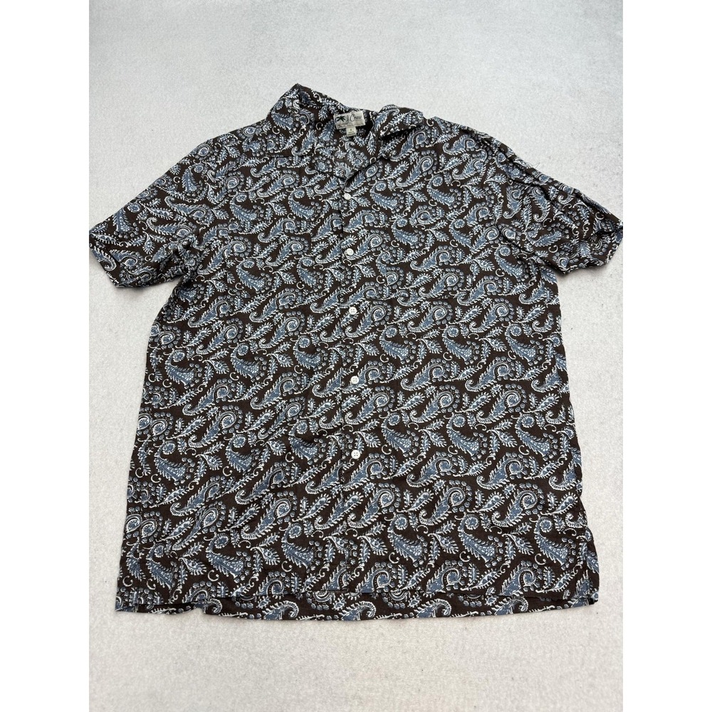 J.Crew Camp Shirt Mens Small Brown‎ Blue Batik Paisley Linen Cotton Short Sleeve